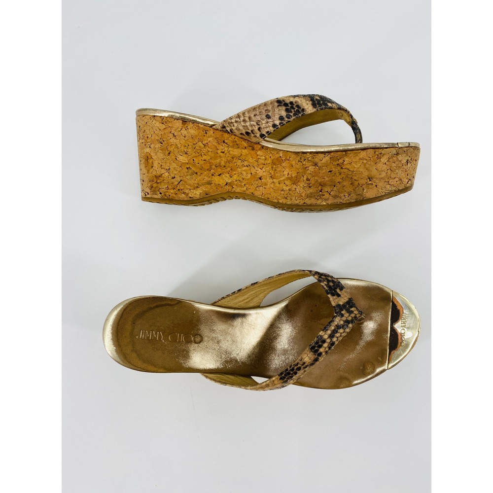 Jimmy Choo Wedge Sandals Womens 37 Gold Snakeskin Cork Platform Thong Flip Flops